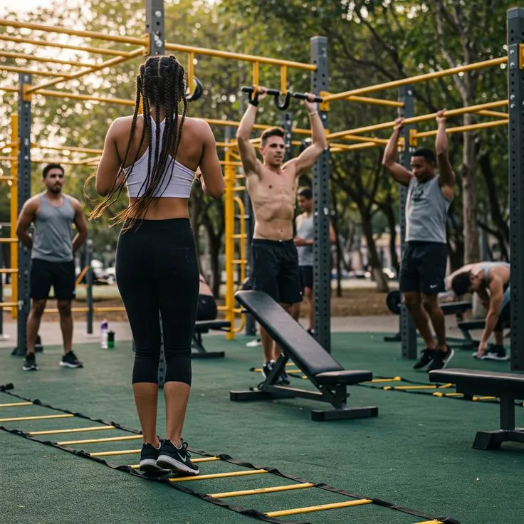 Square-format capture of outdoor bodyweight exercise form
